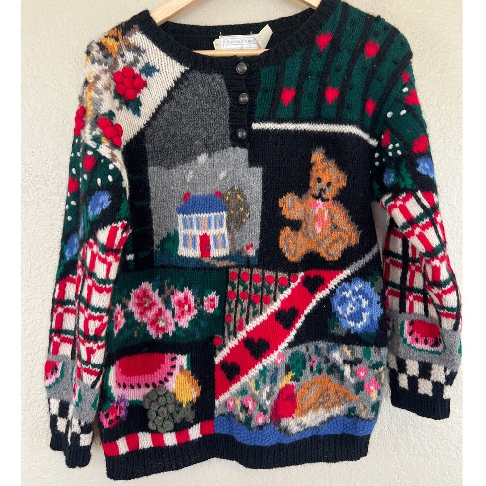 VINTAGE 80s Wool Funky Knit Patchwork Sweater Medium Teddy Bear Watermelon
